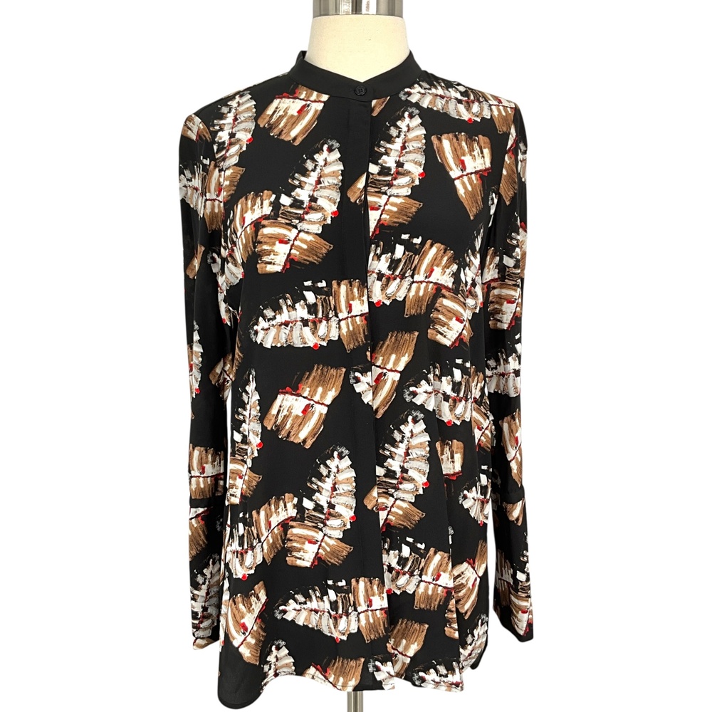 Lafayette 148 New York Desra Silk Blouse Womens Small Black Abstract Tunic Top